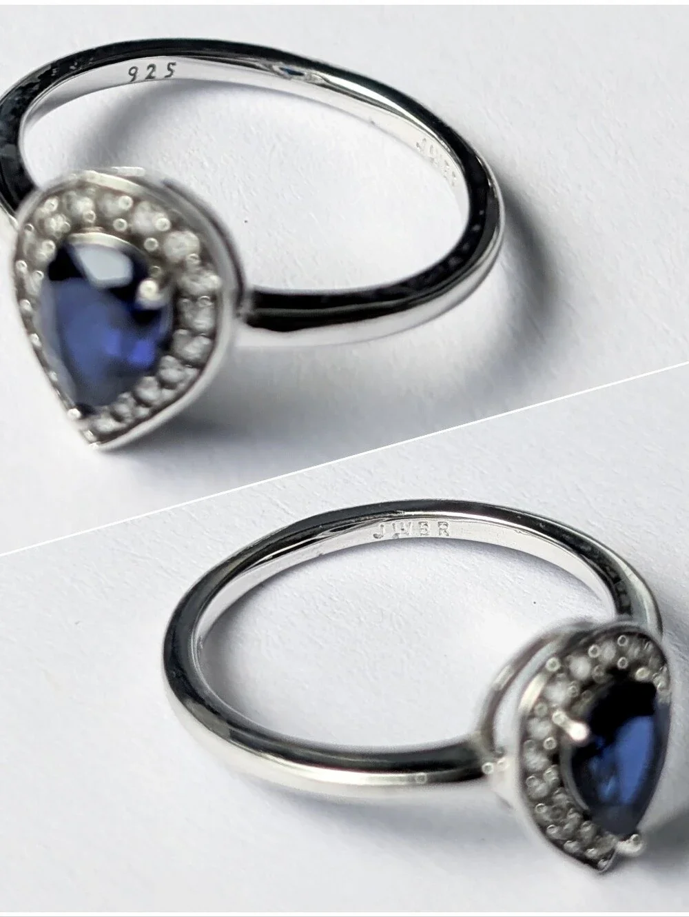 Sterling silver ring Pear shaped lab created blue white sapphire Rhodium JWBR